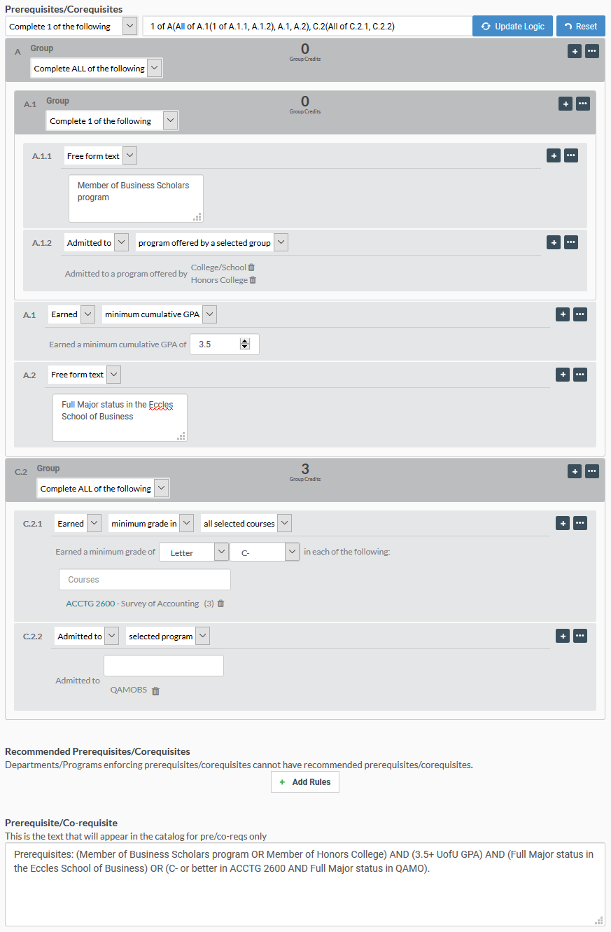 Image of Prerequisites: (Member of Business Scholars program OR Member of Honors College) AND (3.5+ UofU GPA) AND (Full Major status in the Eccles School of Business) OR (C- or better in ACCTG 2600 AND Full Major status in QAMO).