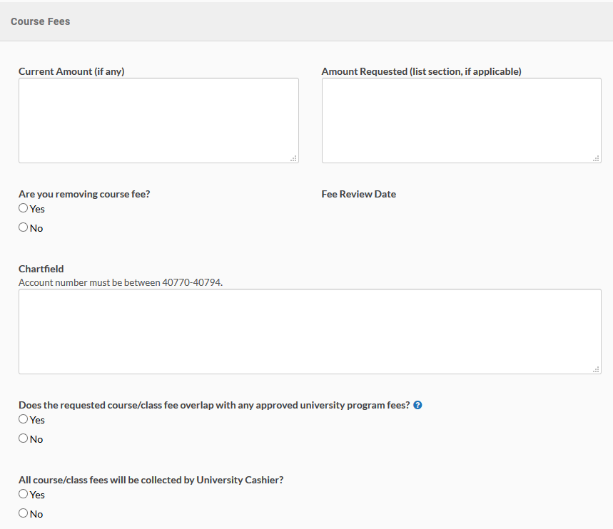 image of first part of course fees questions on proposal