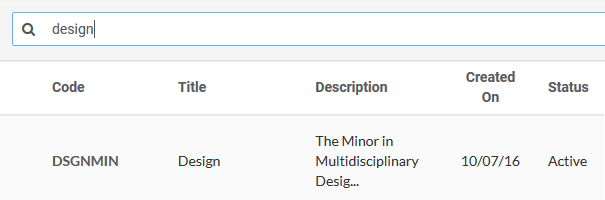 Image of the program search for design minor