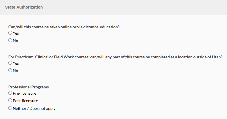 image of state authorization questions of the course proposal form